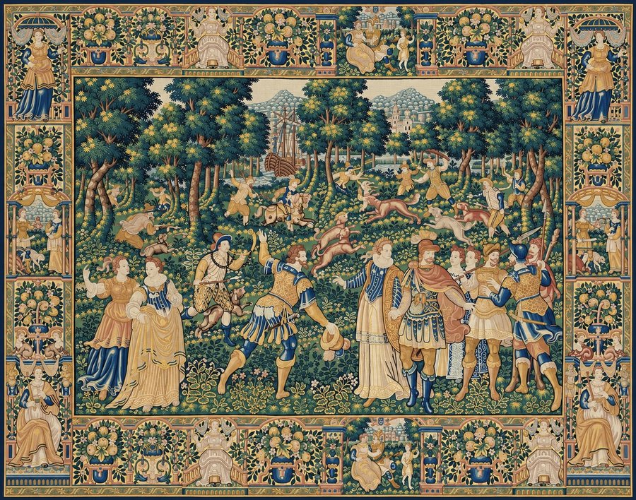 Jason et M&eacute;d&eacute;e tapestry, depicting a hunting party and courtly figures in a wooded landscape with a ship in the background
