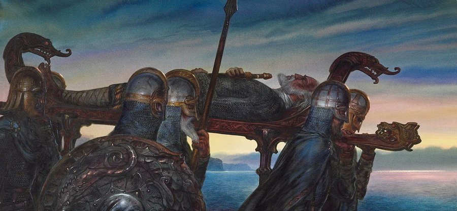 Warriors bearing Beowulf's body on a bier overlooking the sea