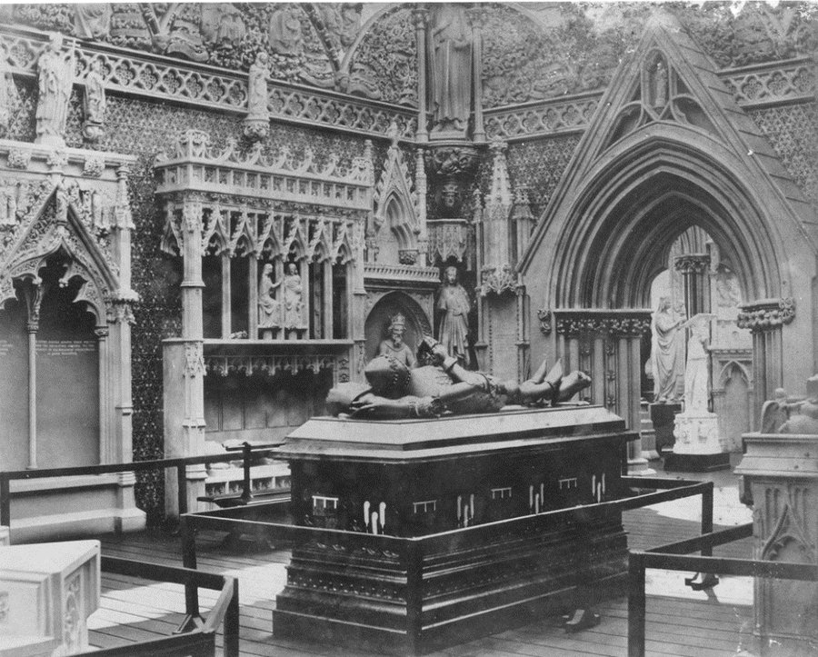 Interior view of the Crystal Palace's Medieval Court, with Gothic architectural ornament and the tomb of Henry VII