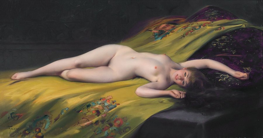 Reclining nude figure on a bed of golden and purple drapery, oil painting by Luis Ricardo Falero, 1893