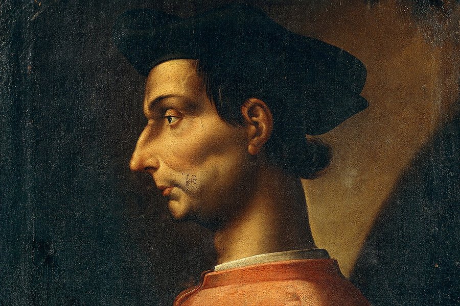 Portrait of Niccolo Machiavelli in profile, wearing a black cap and red robe