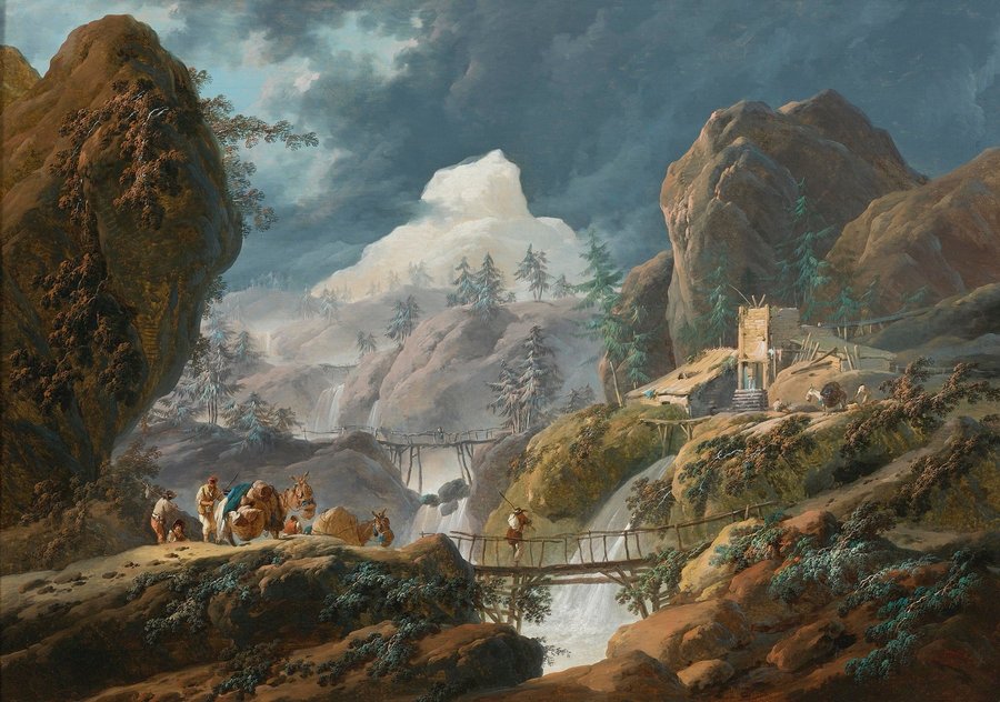 A mountainous alpine landscape with waterfalls, rope bridges, and travelers with pack animals