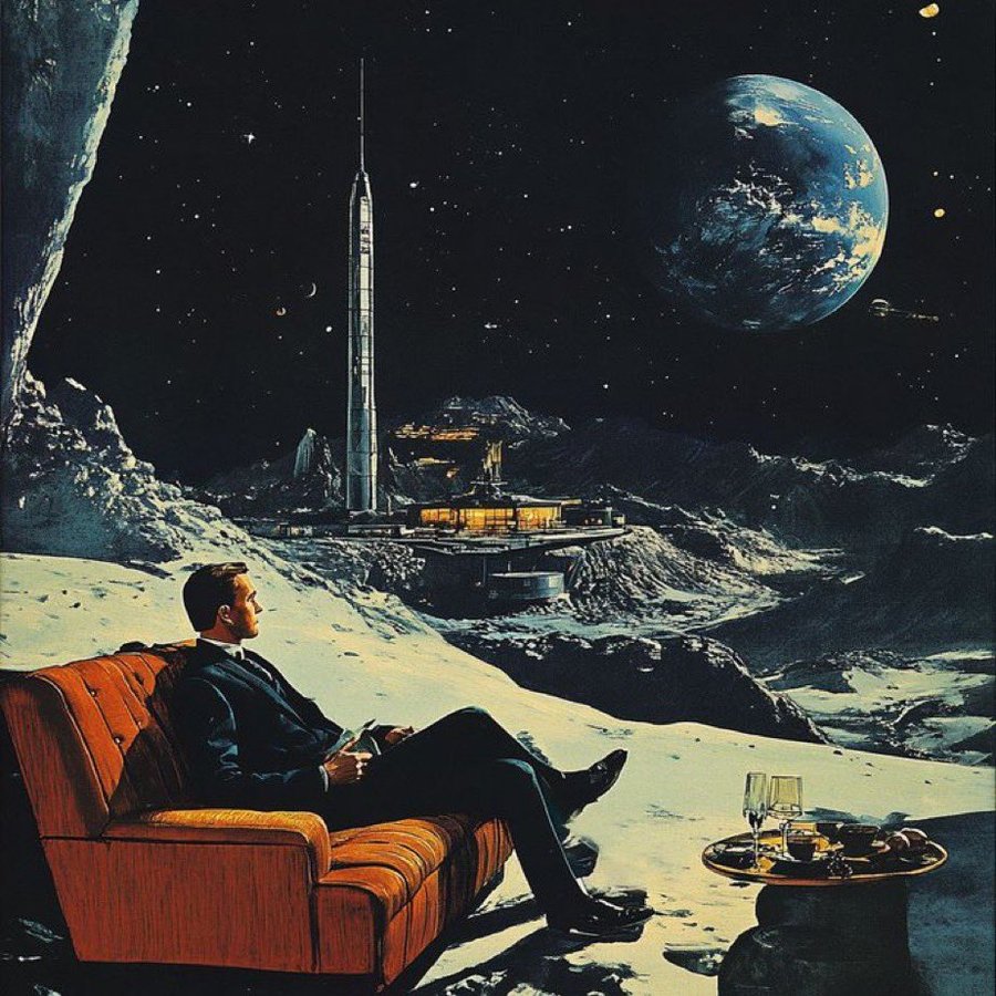 A man seated on an orange couch overlooking a lunar colony, with Earth visible in the sky above