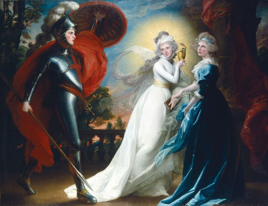 The Red Cross Knight, a knight in armor receiving a golden cup from a radiant woman in white, with a companion in blue looking on