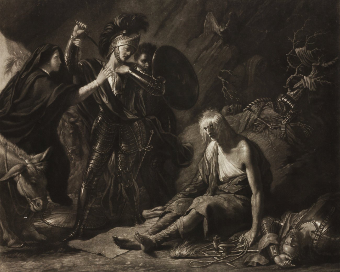 Despair, a ragged old man, sits among instruments of suicide beside a corpse, while Una rushes to stop the Redcrosse Knight from turning a dagger on himself.