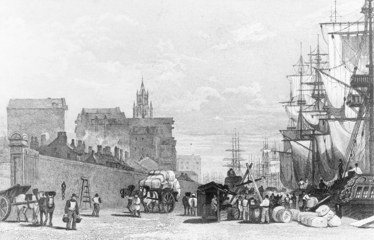 The Prince’s Dock, Liverpool (1829) by F. J. Hay after Harwood, from Lancashire Illustrated.